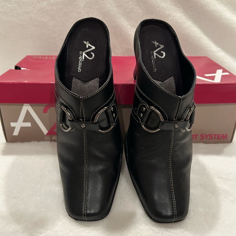 A2 By Aerosoles Women's Black Leather Slip-On Boots with Buckle Accents